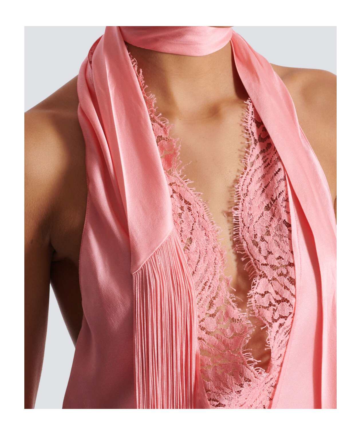 Balmain Backless Fringed Satin Top In Pink