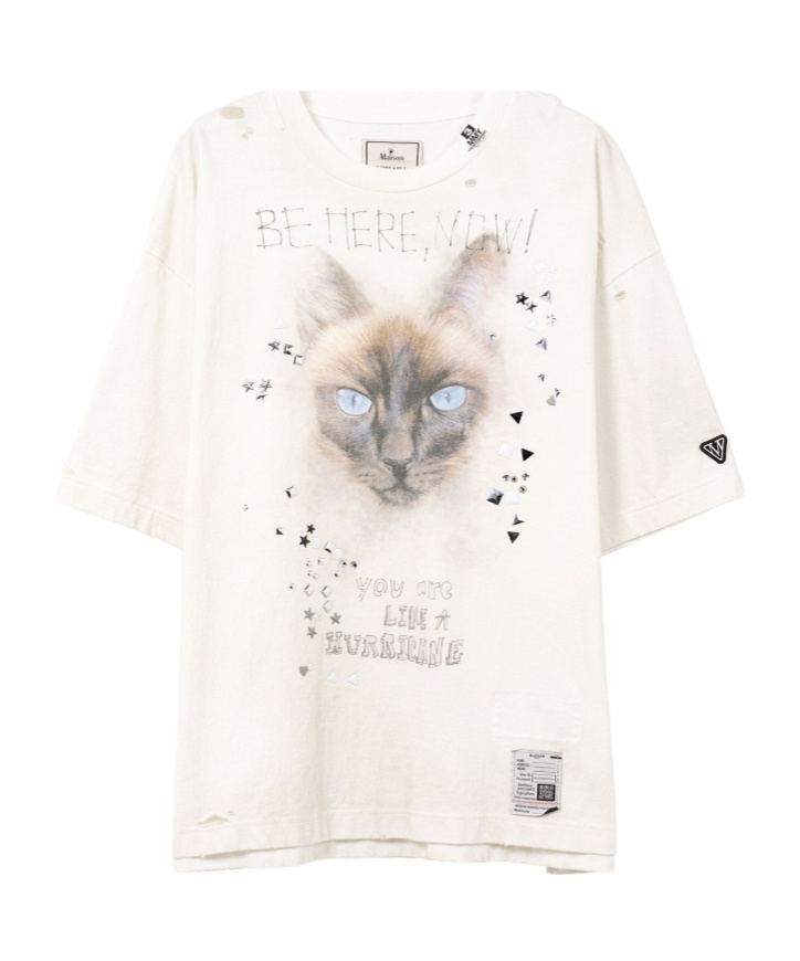 Miharayasuhiro Cat-print Distressed T-shirt In White