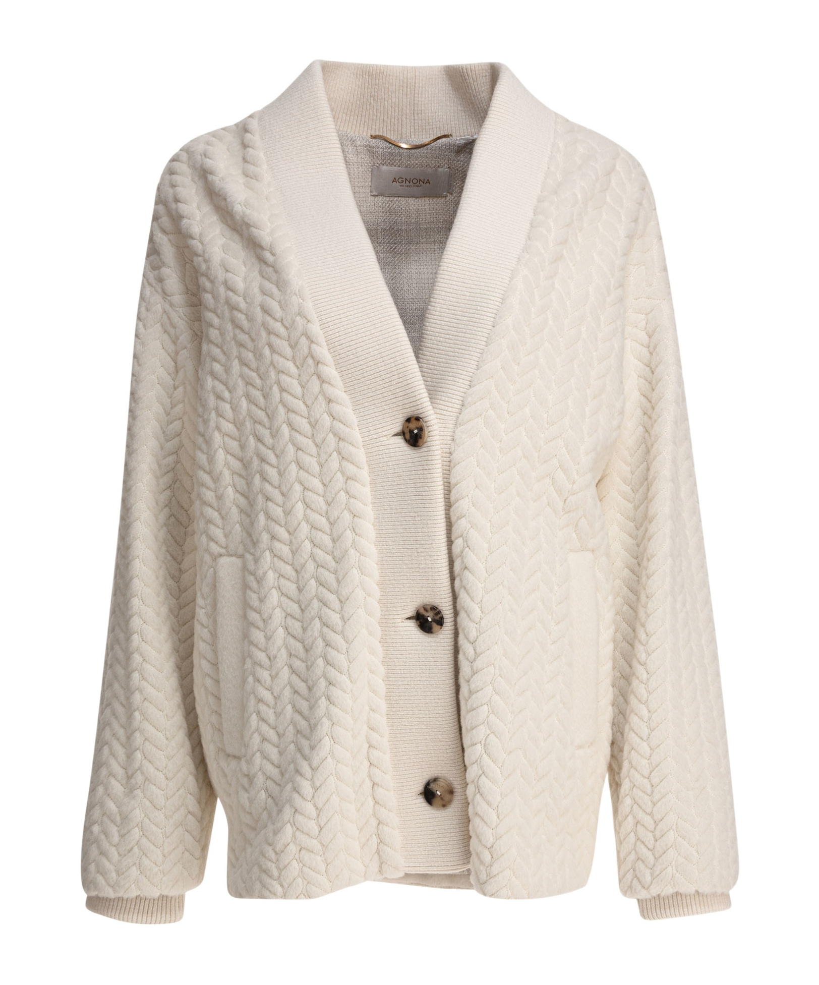 Agnona Ribbed Cuffs Shawl Collar Side Pockets Textured Pattern In Neutral