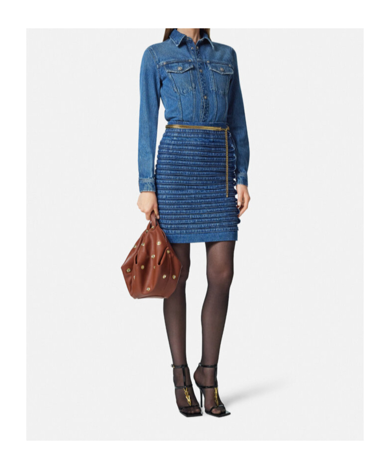 Versace Women Denim Shirt With Frayed Edges In Blue