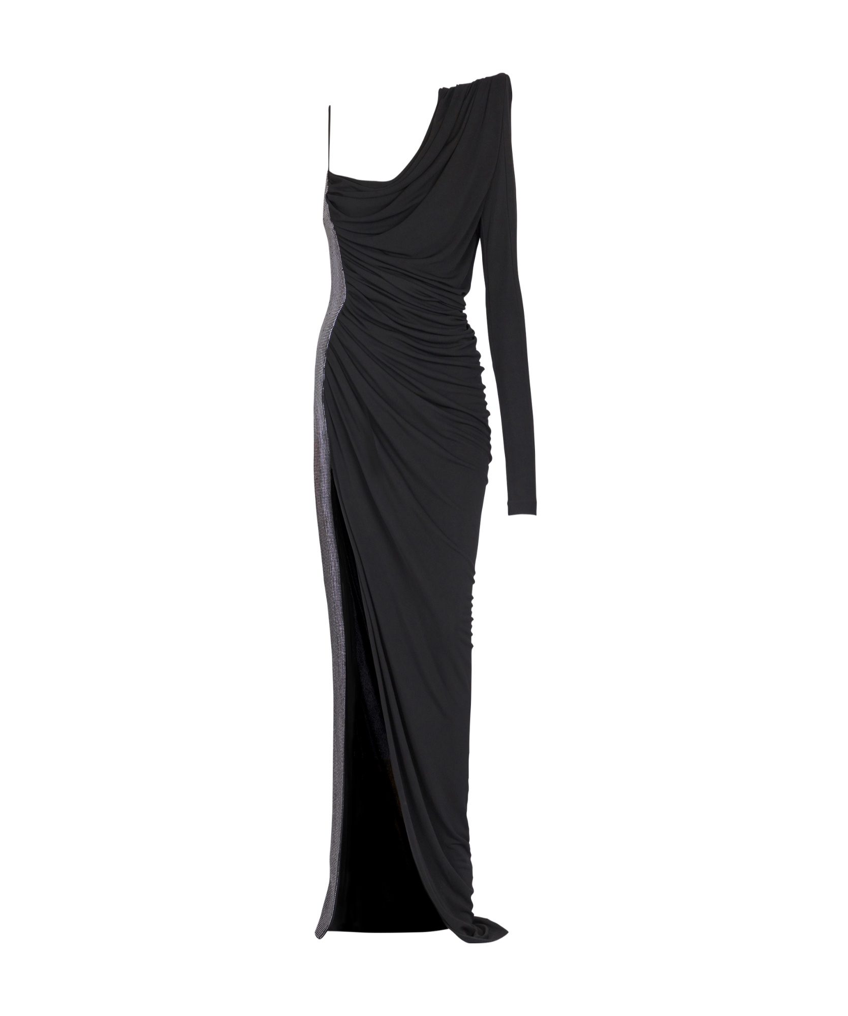 Balmain Draped Asymmetrical Two-material Dress In Black