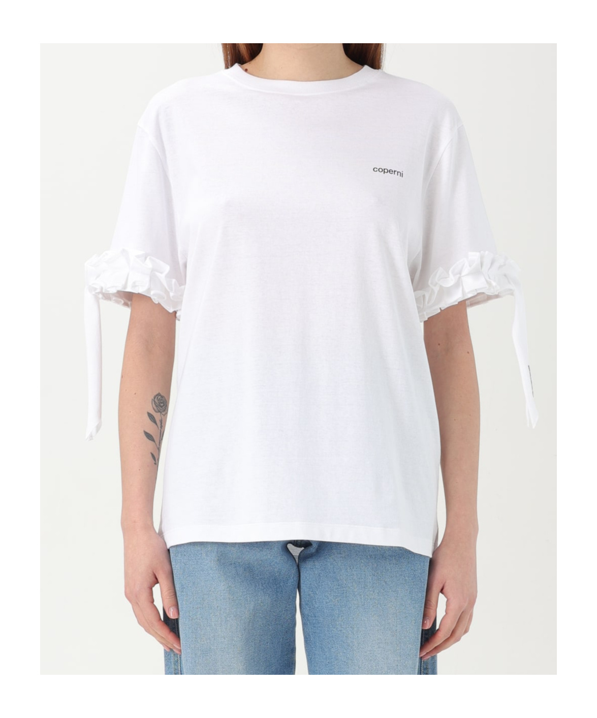 Coperni Logo-print Ruffle-trim T-shirt In White