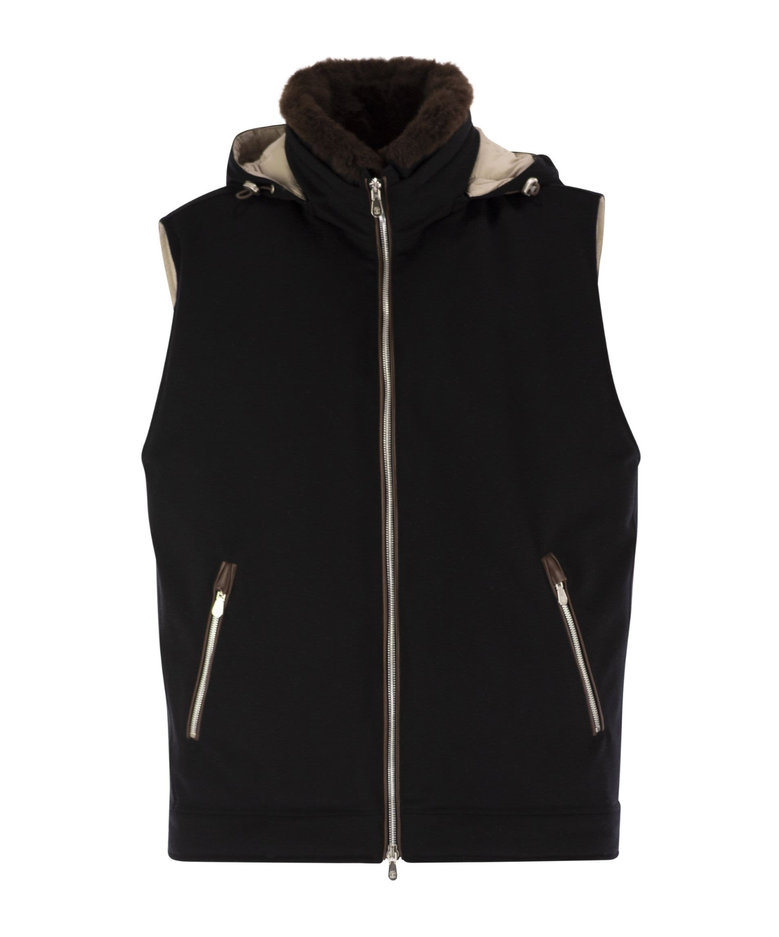 Brunello Cucinelli Men Wool Waistcoat With Fur Collar In Black