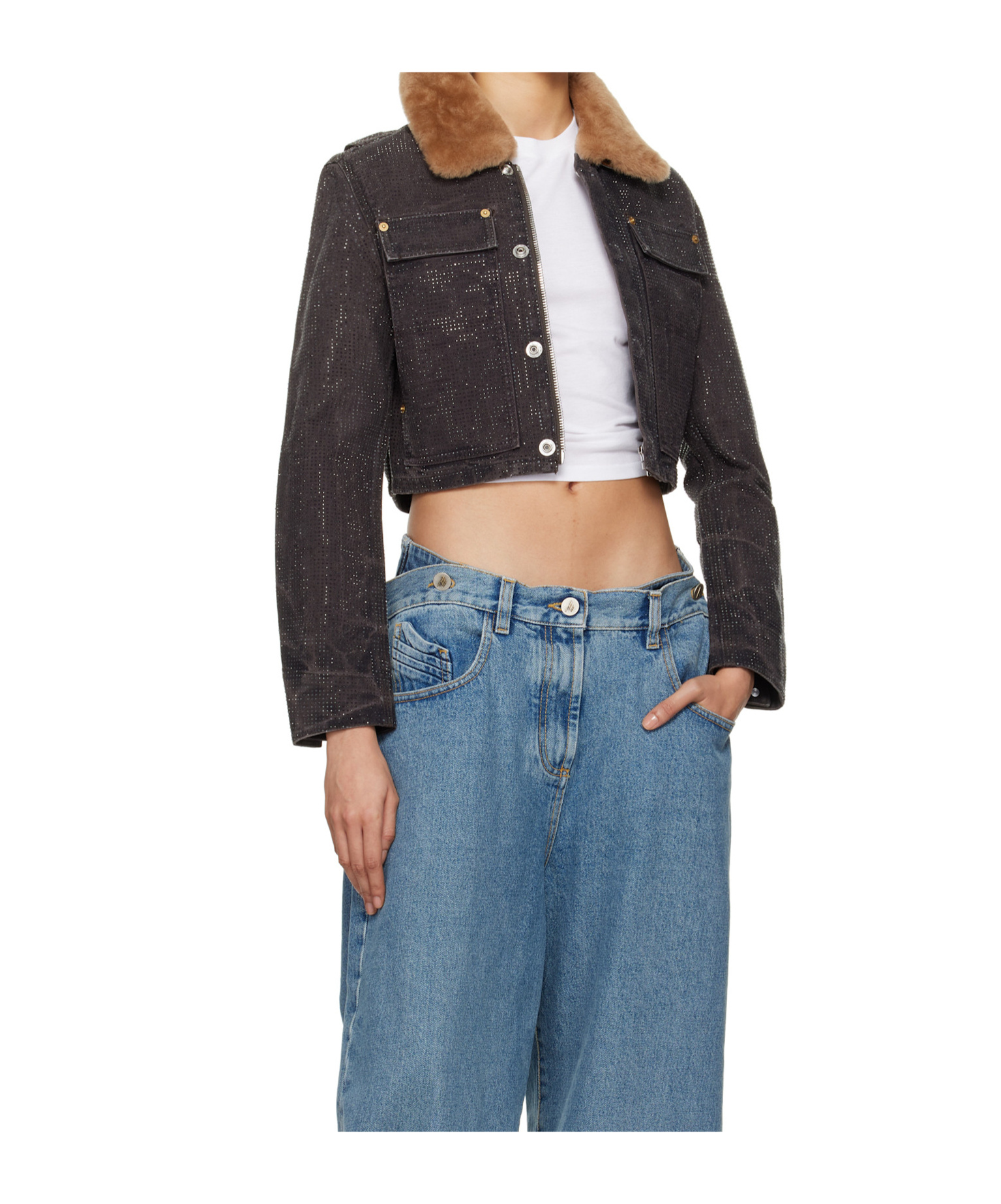 Alexander Wang Hotfix Crystal Shrunken Trucker Jacket In Multicolor