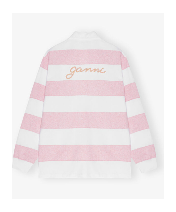 Ganni Striped Cotton Jersey Polo Sweater In White
