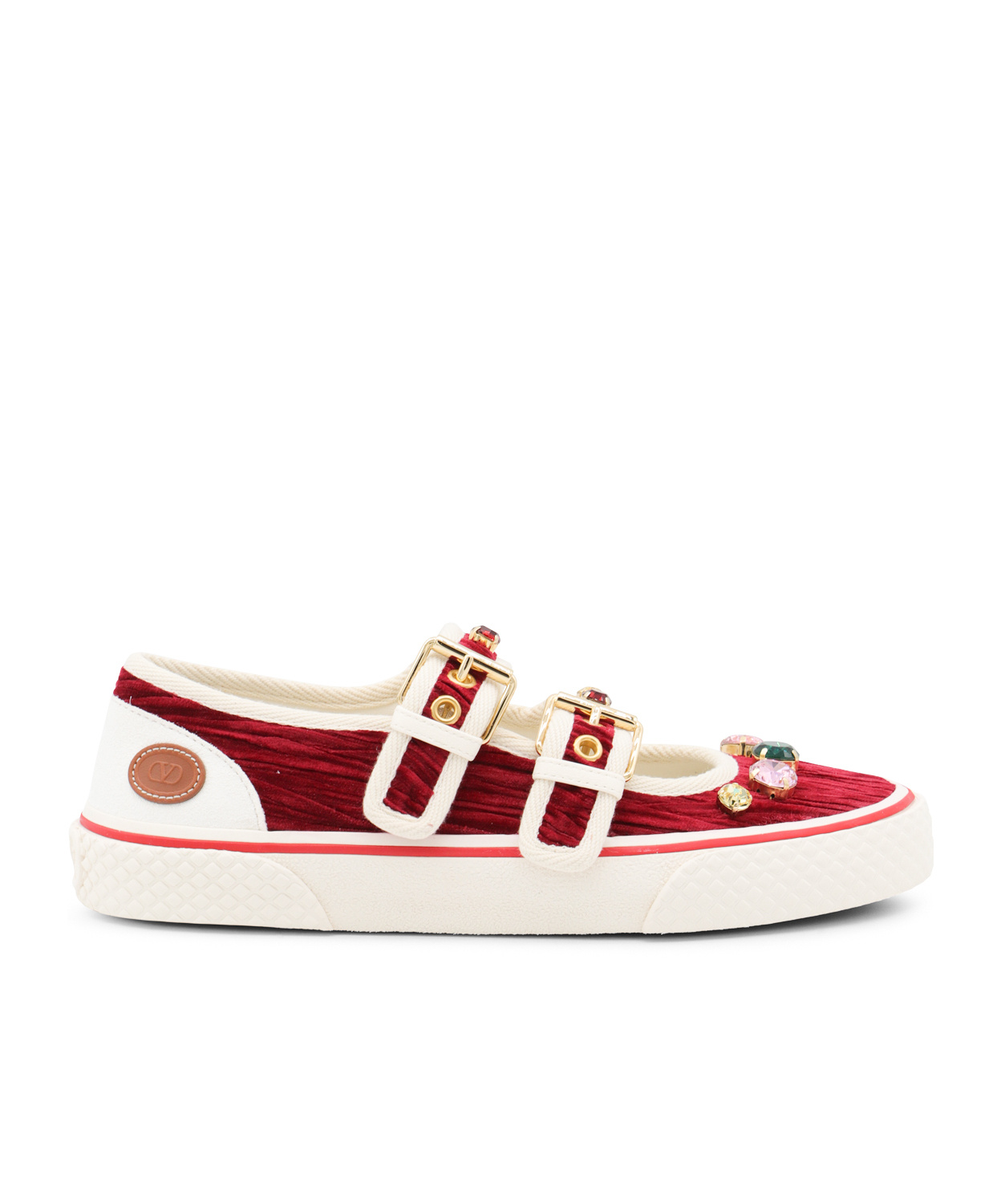 Valentino Embellished Double-buckled Sneakers In Red