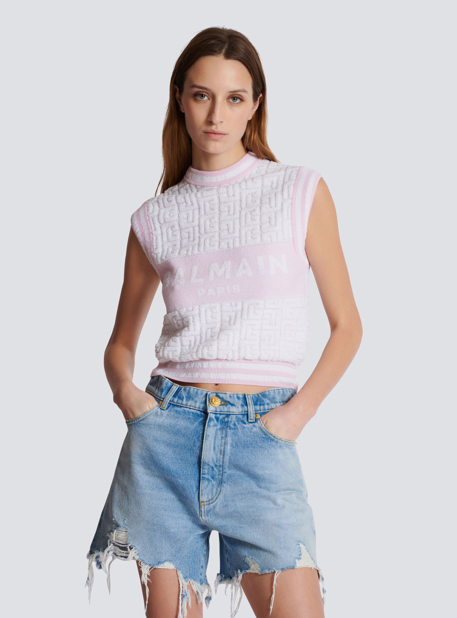 Balmain Monogram Wool And Cotton-blend Knitted Top In White