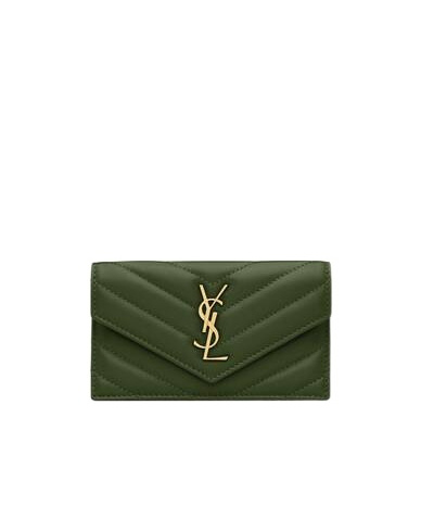 Saint Laurent Cassandre Matelassé Fragments Lambskin Card Holder With Flap In Green