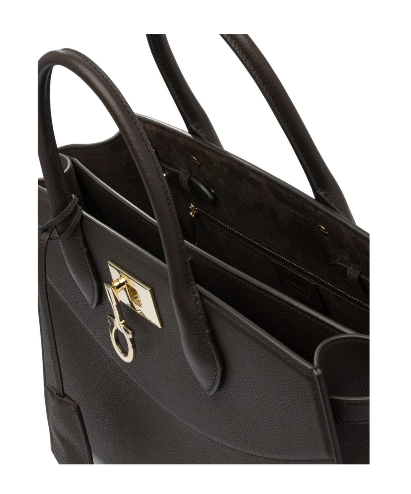 Ferragamo Structured Brown Calf Goat Leather Handbag In Brown