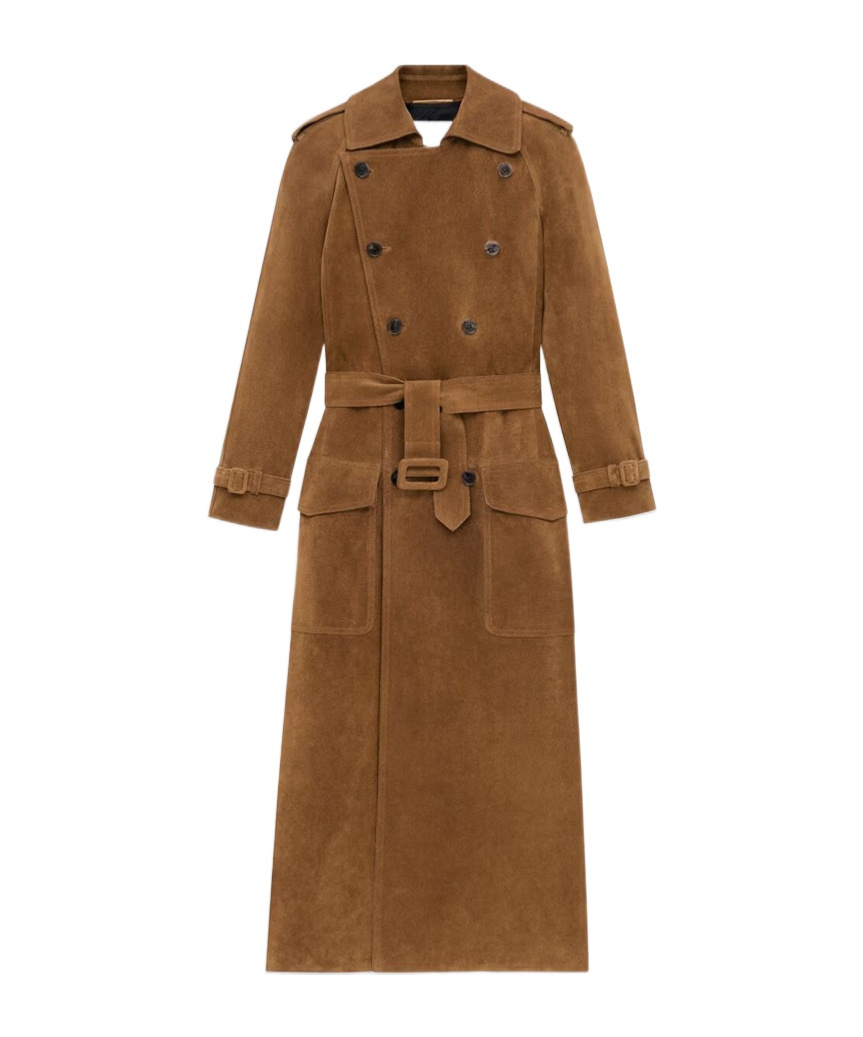 Saint Laurent Double Breasted Belted Trench Coat In Brown