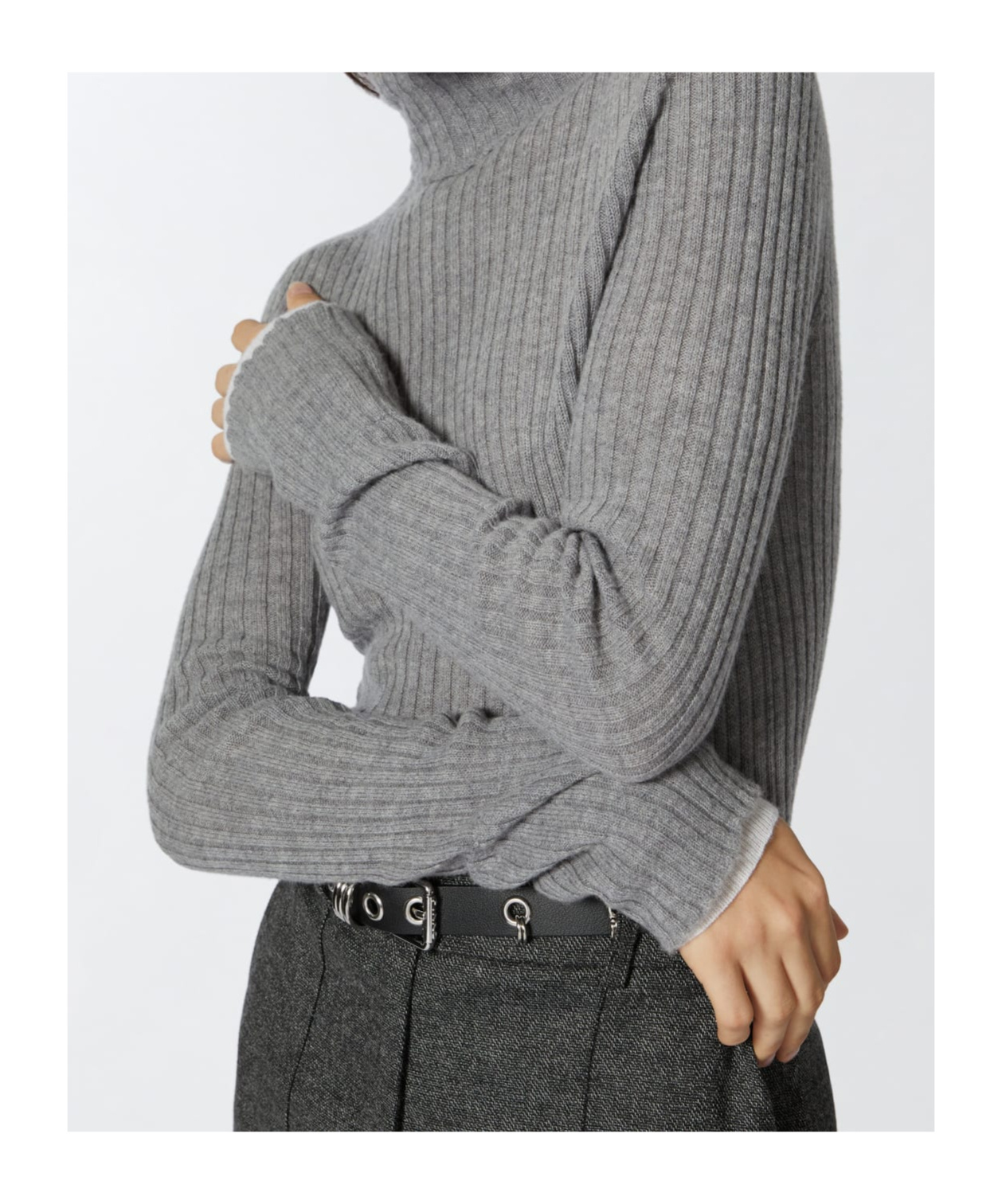 Pinko High-neck Ribbed Cashmere-blend Sweater With Lurex Cuffs In Gray