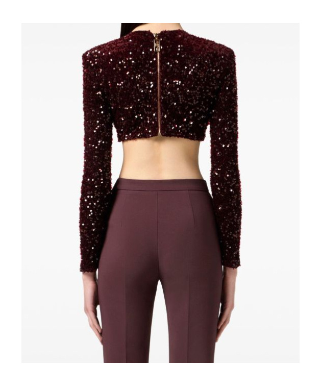 Elisabetta Franchi Sequin-embellished Long-sleeve Blouse In Burgundy