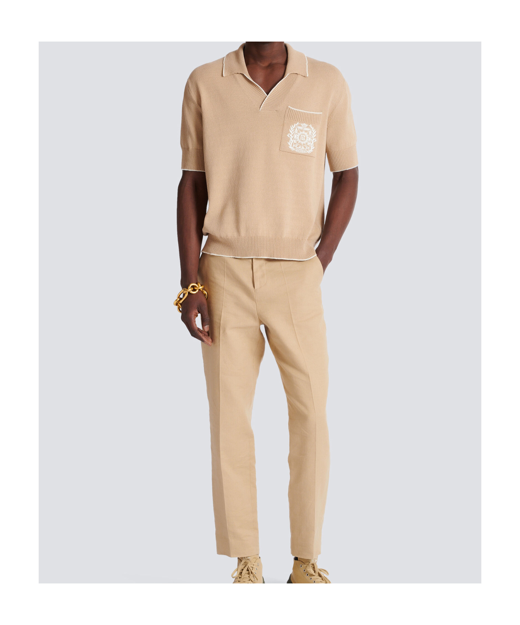 Shop Balmain Écusson Embroidered Knit Polo Shirt