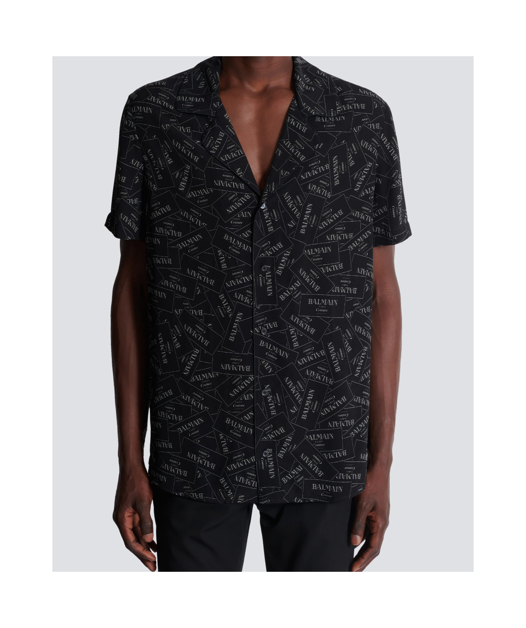 Balmain Black Shirt With Notched Collar And All-over Logo Print In Black