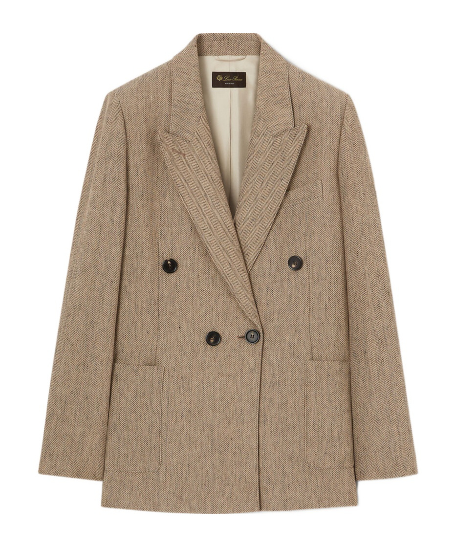 Loro Piana Genny Double-breasted Herringbone Linen Blazer In Brown Chevron