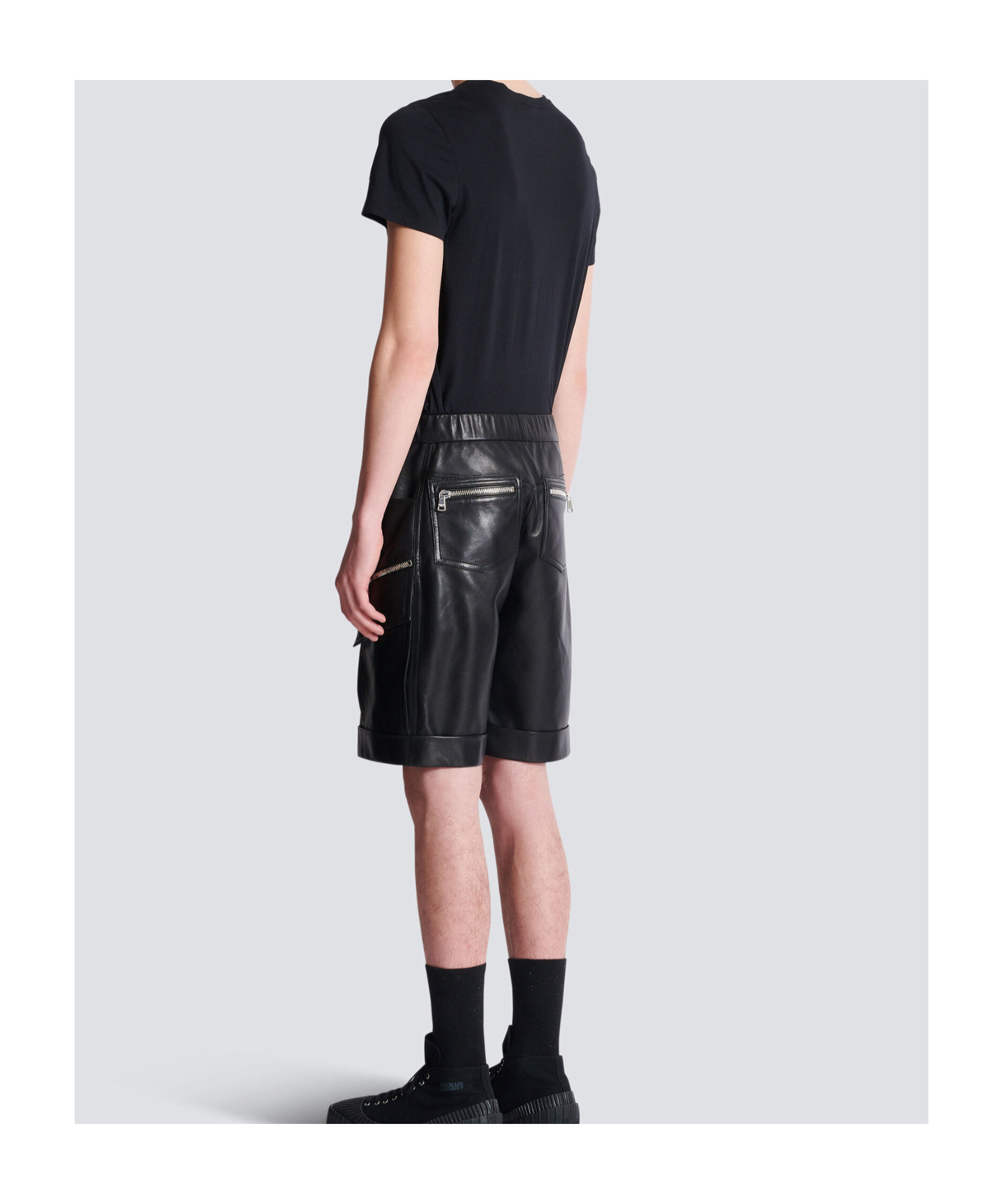Balmain Leather Cargo Bermuda Shorts In Black