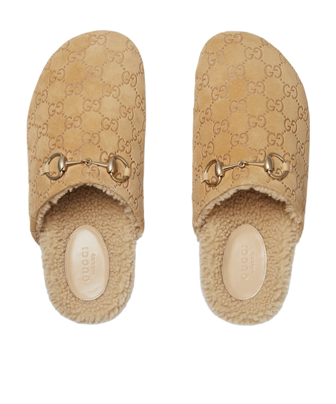 Gucci Horsebit Gg Suede Shearling Mules In Nude