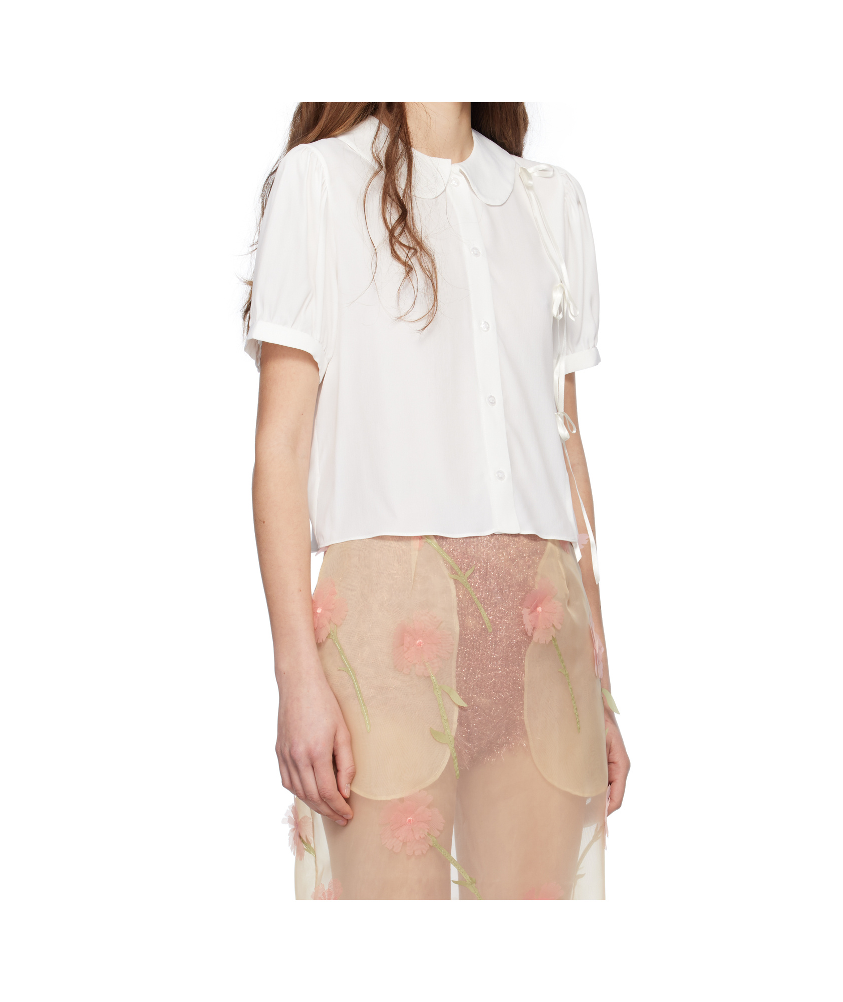 Simone Rocha White Cropped Bow Slit Puff Sleeve Shirt In Nude