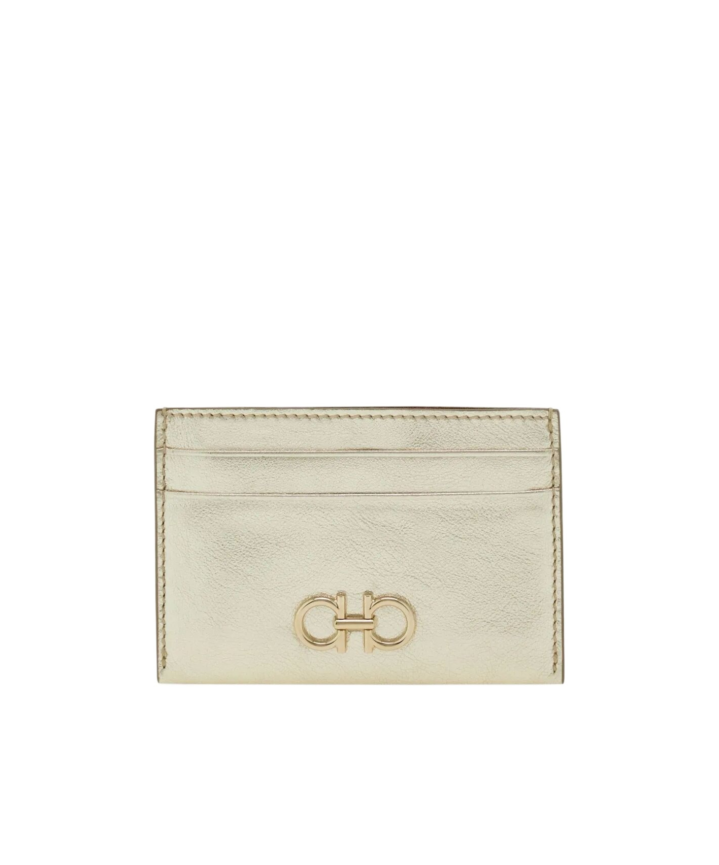 Ferragamo Laminated Leather Card Holder With Gold-tone Hardware In White