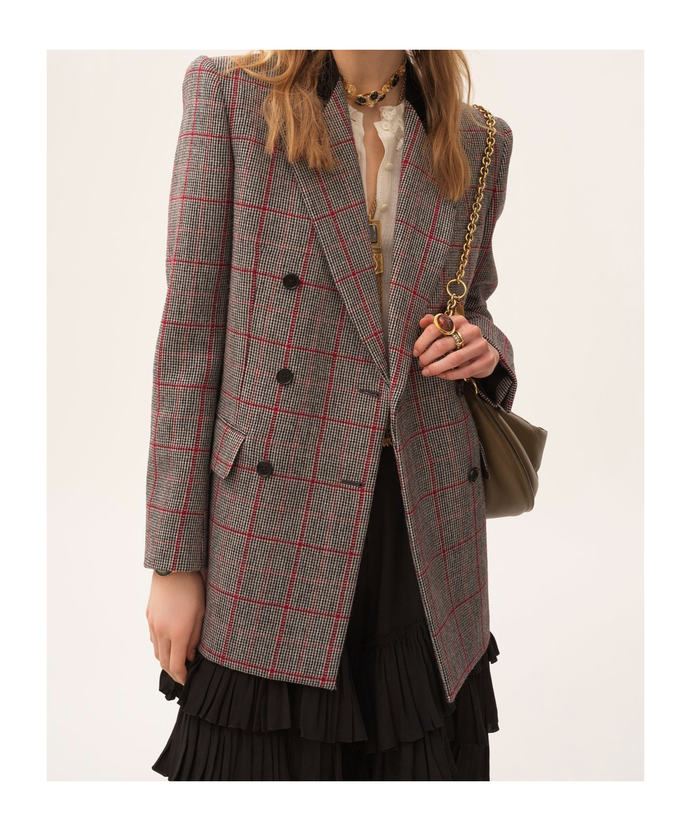 Chloé Double-breasted Velvet-trimmed Checked Wool Blazer In Gray