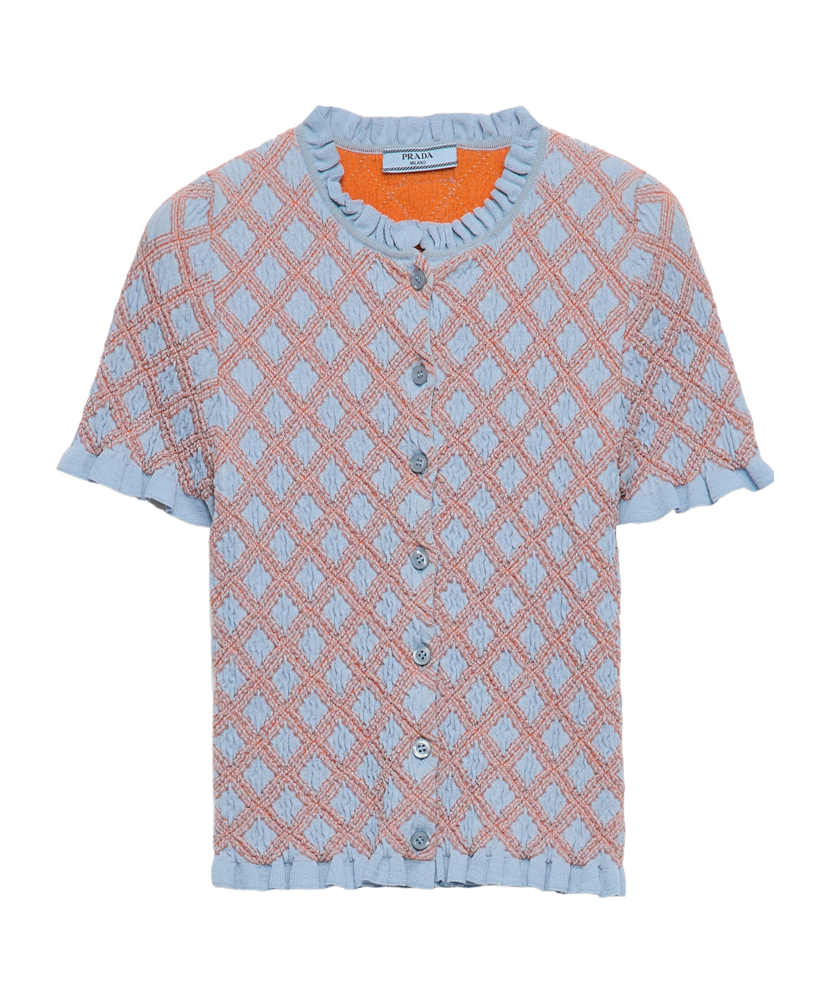 Prada Smocked Knit Diamond-embroidered Top In Blue