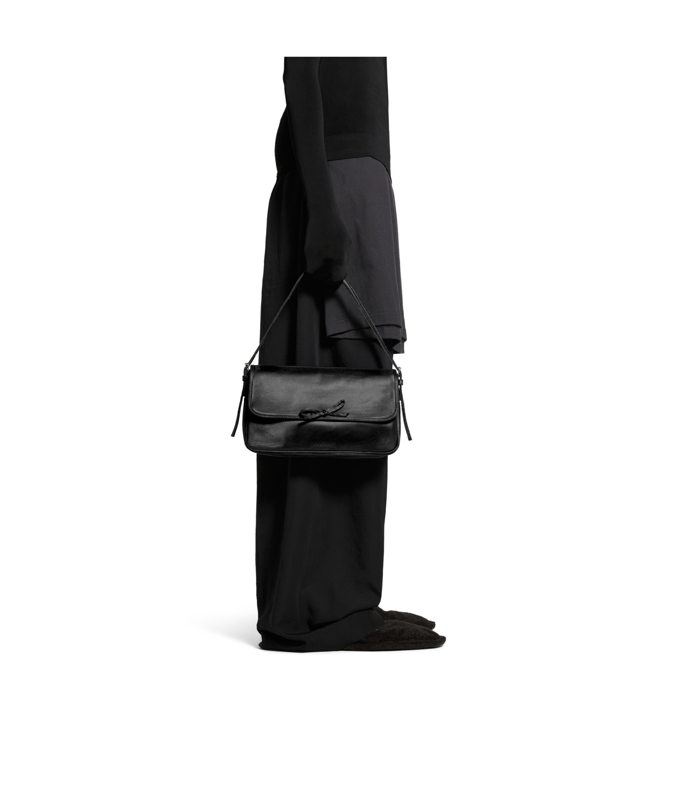Balenciaga Leopolda Distressed Satin Pochette Shoulder Bag In Black