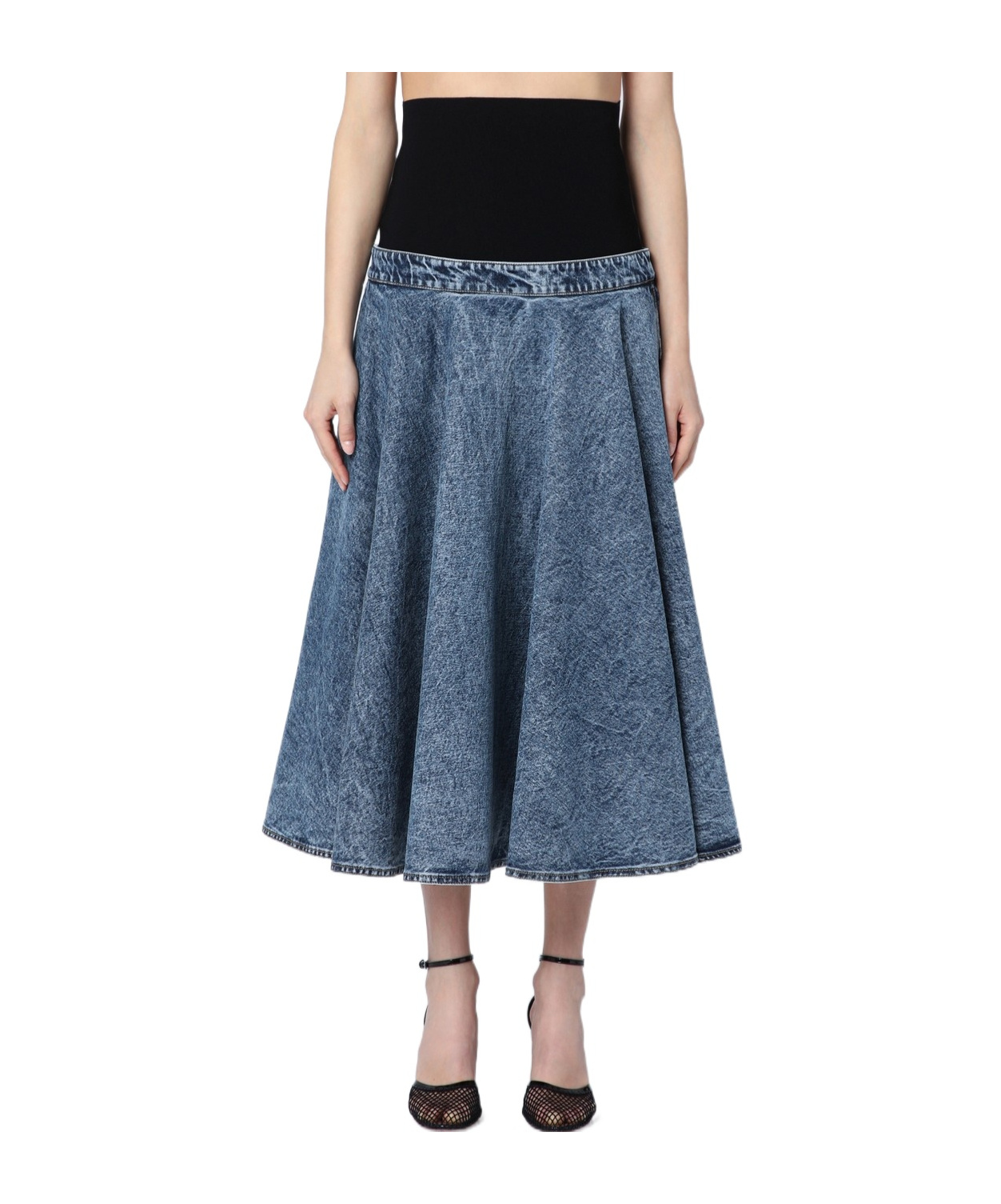 Shop Alaïa Denim-panel Midi Skirt In Blue
