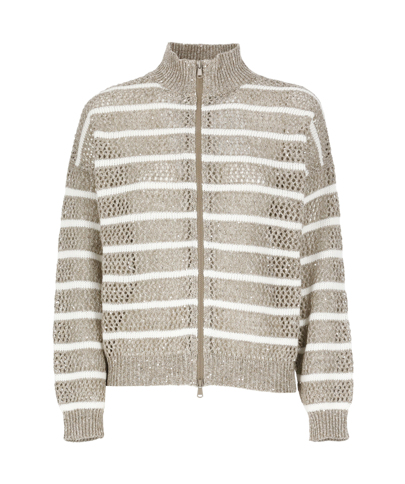 Brunello Cucinelli Beige Cardigan With High Neck And All-over Striped Motif In Linen Blend Woman In Nude