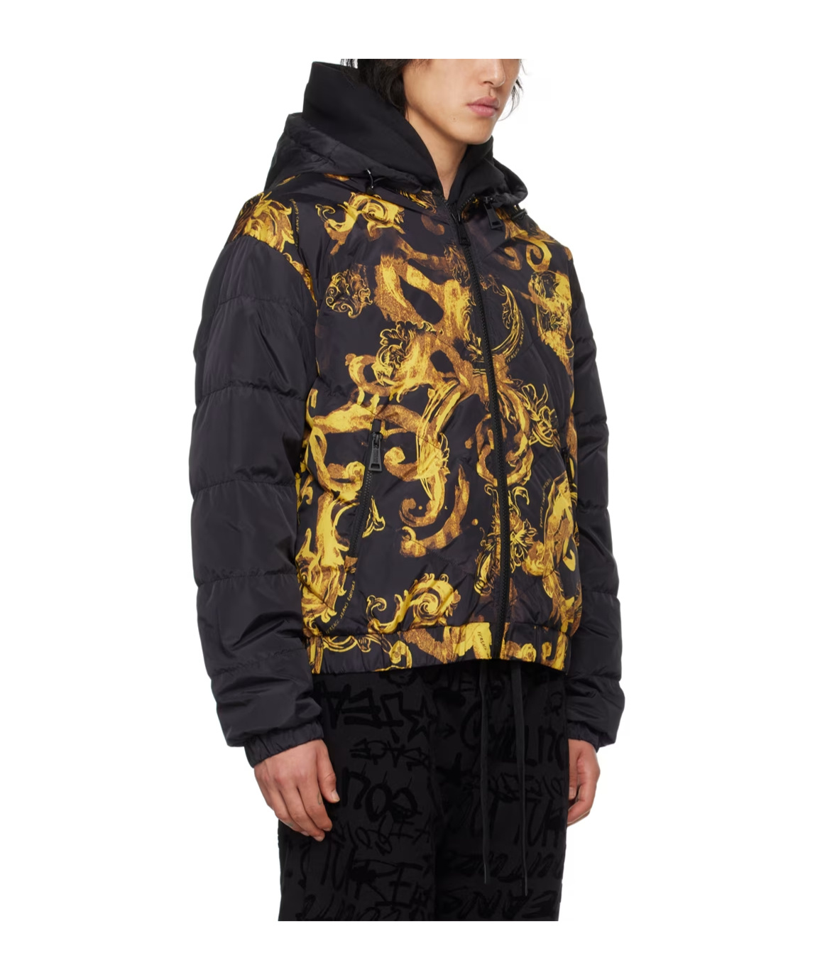 Versace Printed Quilted Down Jacket In Black