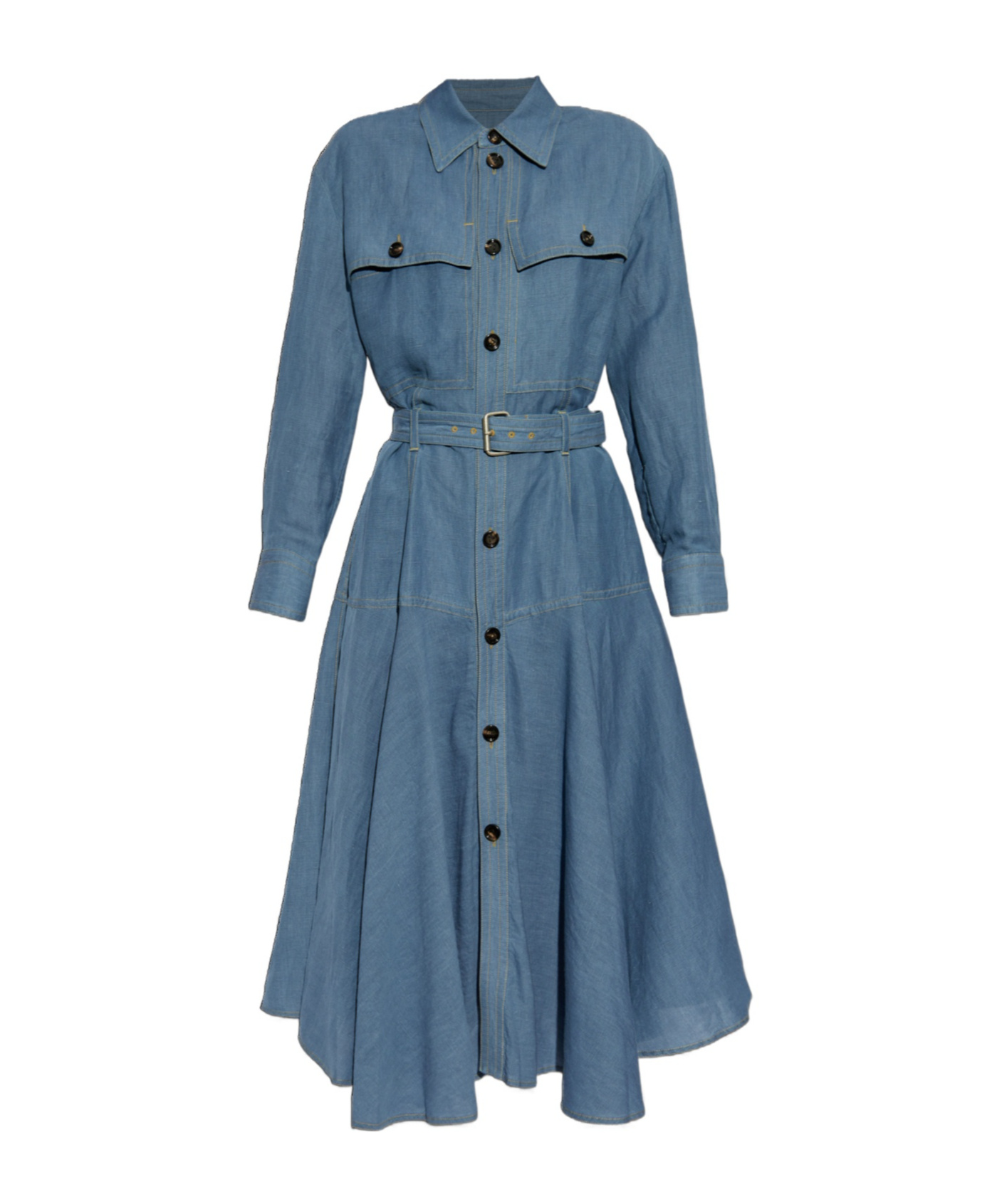 Shop Bottega Veneta Flared Denim Shirt Dress In Blue