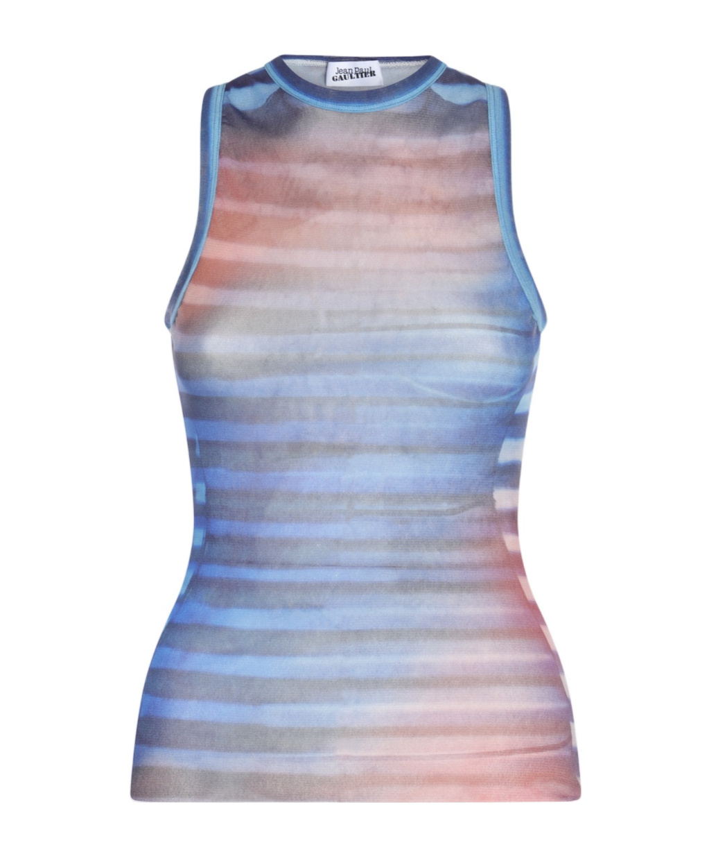 Jean Paul Gaultier Sleeveless Round Neck Striped Sheer Top In Multi