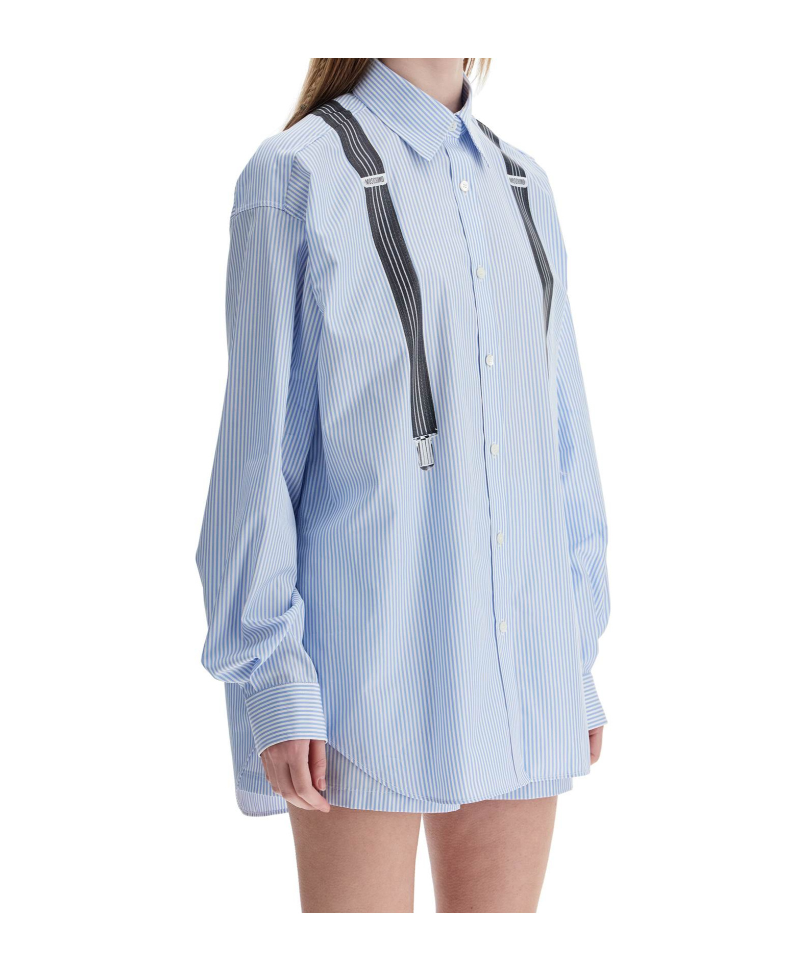 Moschino Couture Light Blue Cotton Striped Shirt With Decorative Straps In Blue
