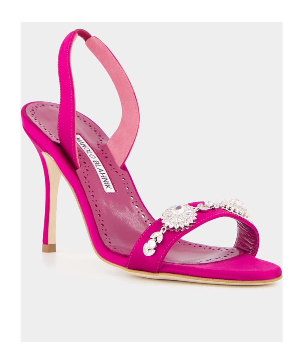 Manolo Blahnik Pink Satin Embellished Slingback Sandals In Pink