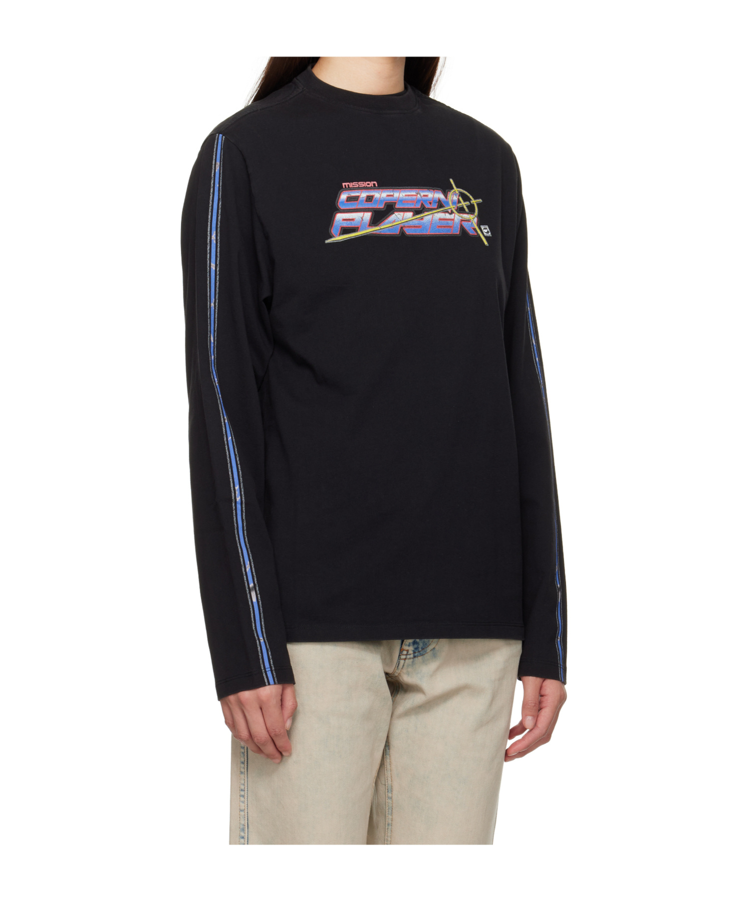 Coperni Womens Black-multicolour Print Slogan-print Long-sleeve Cotton-jersey T-shirt In Black