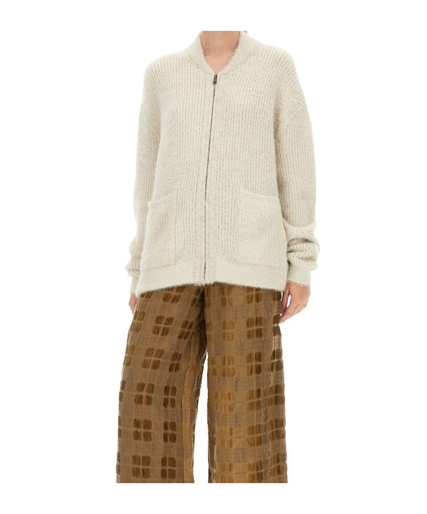 Uma Wang Ribbed Knit Cardigan With Plush Texture And Zipper Closure In White