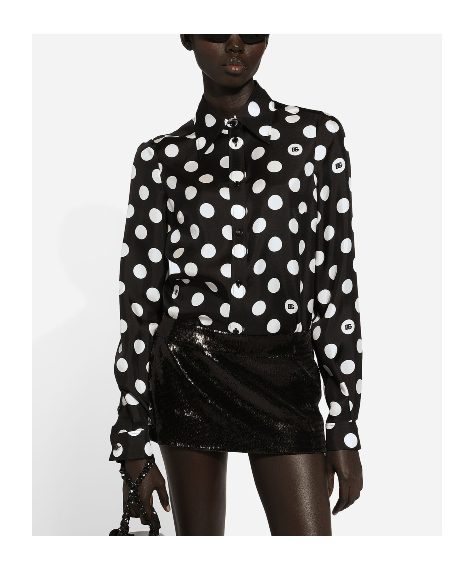 Dolce & Gabbana Polka Dot Pointed Collar Long Sleeve Shirt In Black