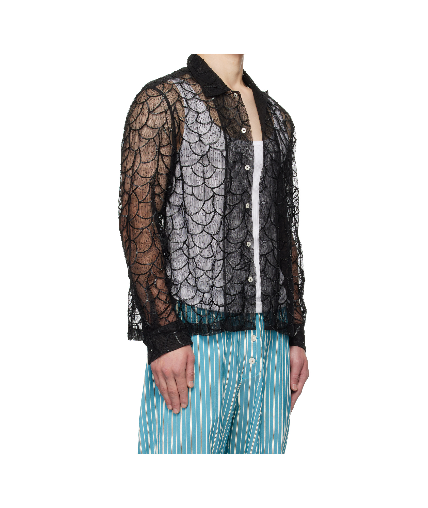 Bode Pewter Shoal Sequined Mesh Shirt In Gray