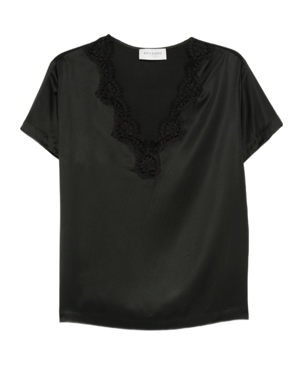 Ermanno Firenze Lace Trim V Neck Short Sleeves Top In Black