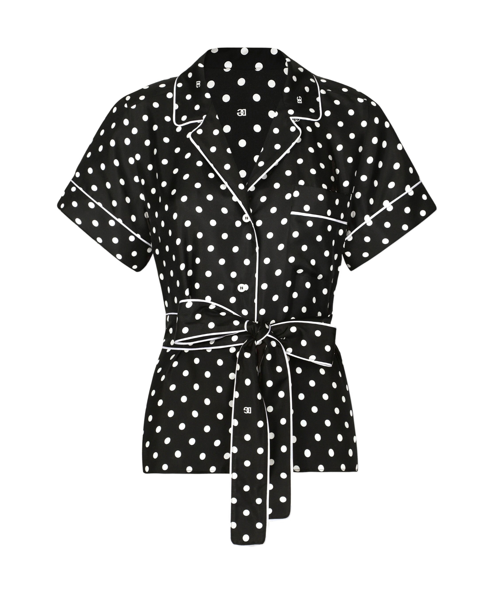 Dolce & Gabbana Short-sleeved Silk Pajama Shirt With Polka-dot Print In Black