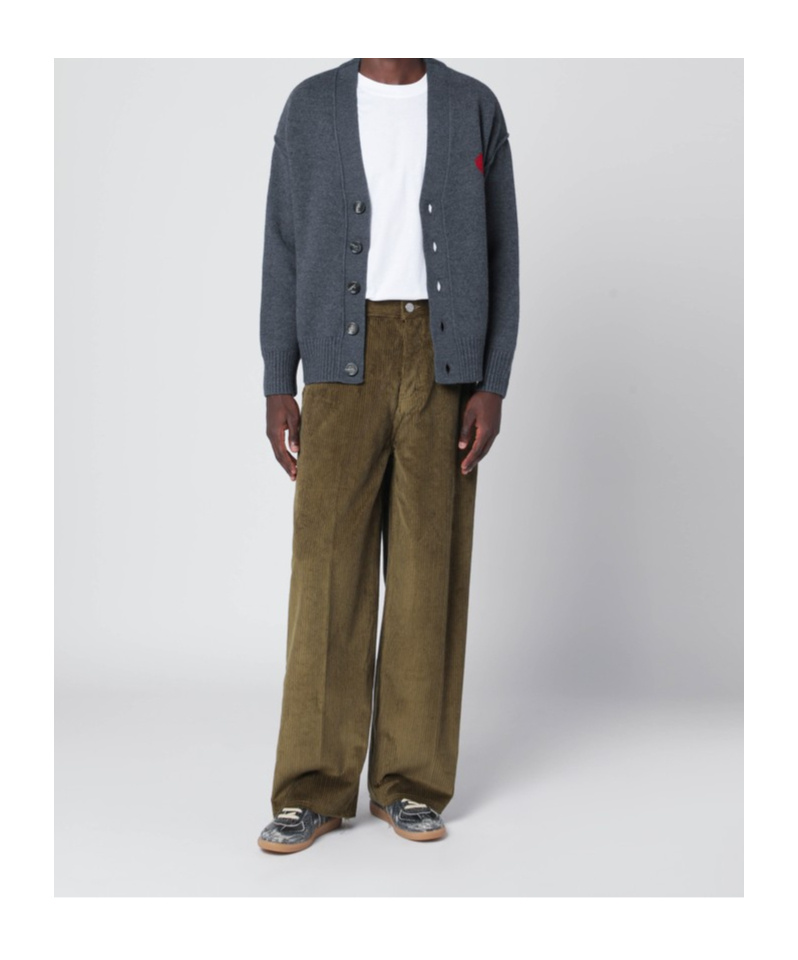 Ami Alexandre Mattiussi Dark Grey Wool Cardigan With Embroidered Heart Detail In Blue