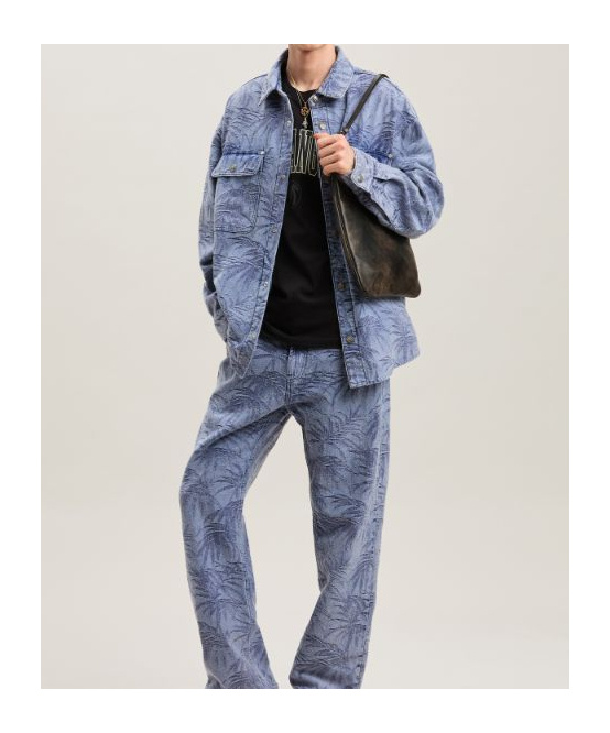 Palm Angels Palm Jacqured Denim Shirt In Blue