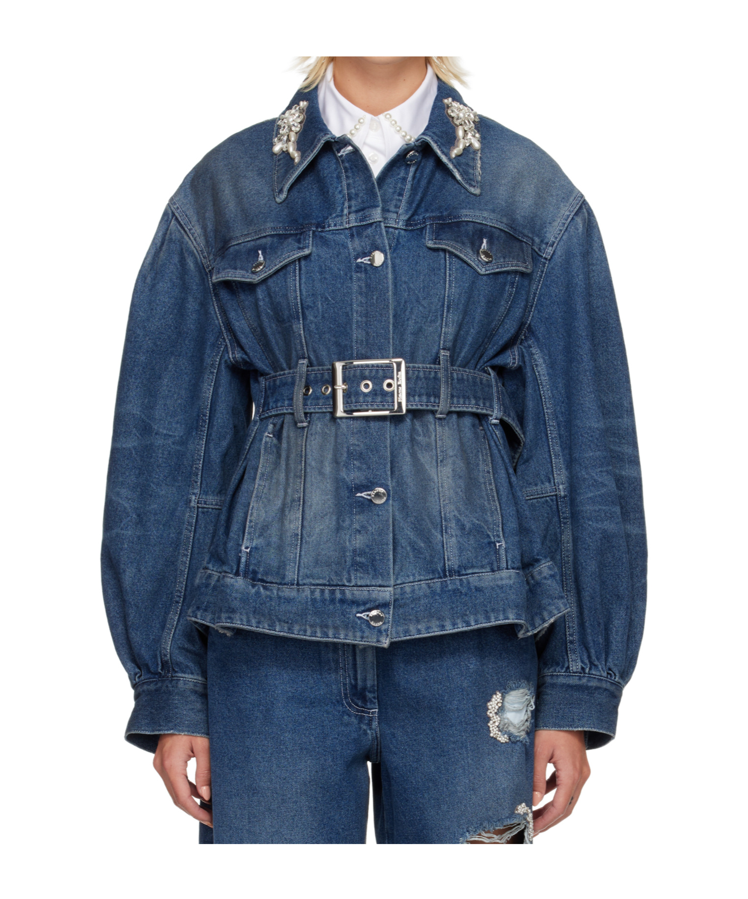 Simone Rocha Blue Turbo Embellished Sculpted Belt Detail Denim Jacket
