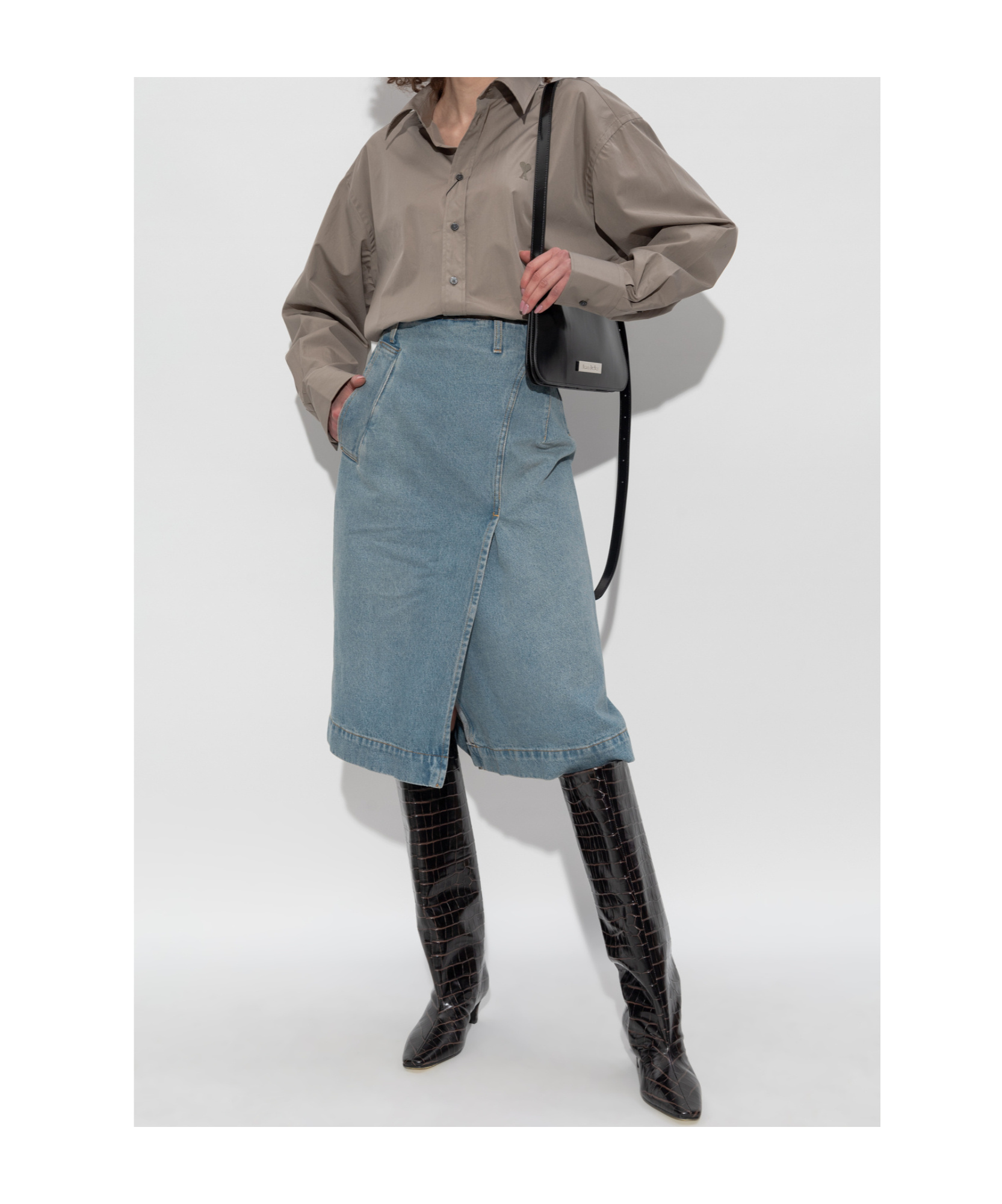 Victoria Beckham Blue Wrap Detail Denim Midi Skirt In Gray