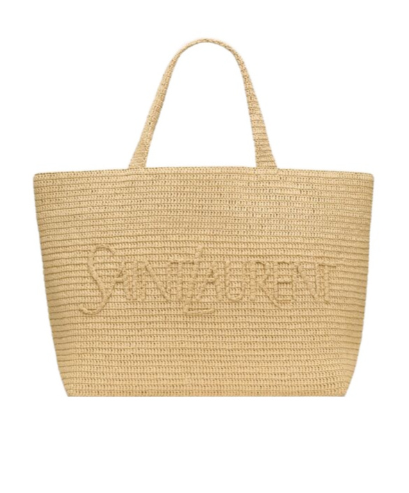 Saint Laurent Logo-embroidered Raffia Tote Bag In Nude