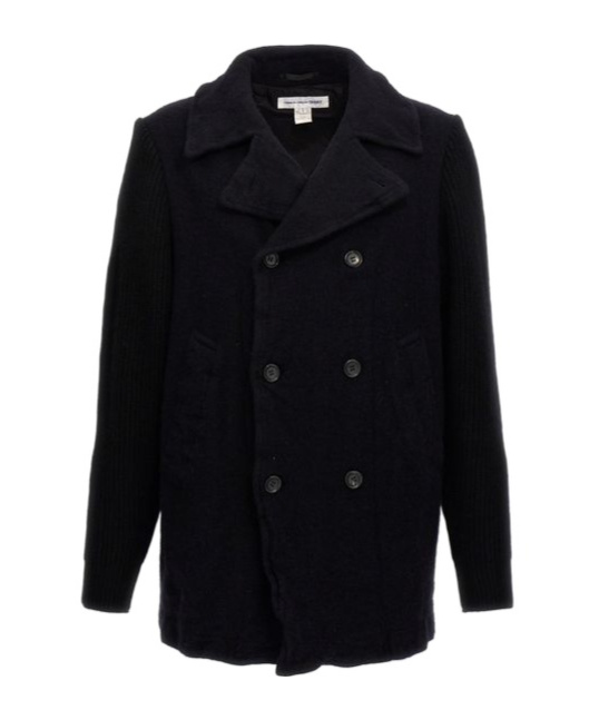 Comme Des Garçons Wool Blend Double-breasted Coat With Ribbed Sleeves In Black