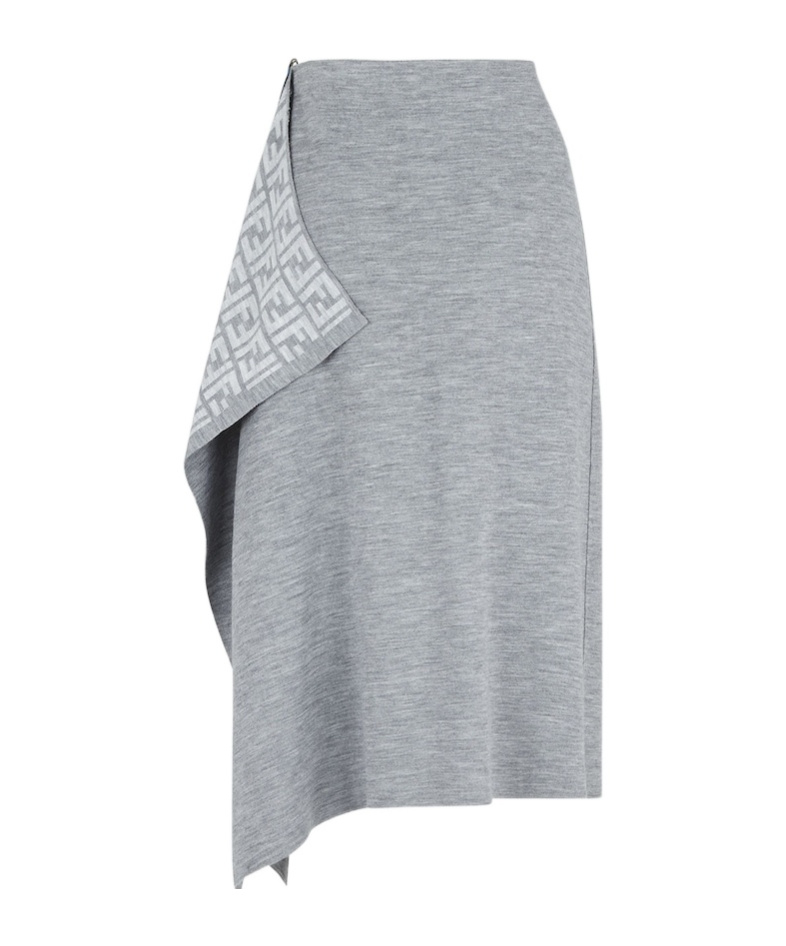 Fendi Logo Pattern Midi Drape Wool Skirt In Gray