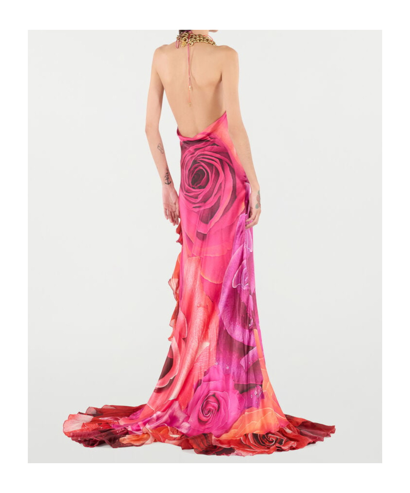 Shop Roberto Cavalli Dress With Rose Print And Flounces