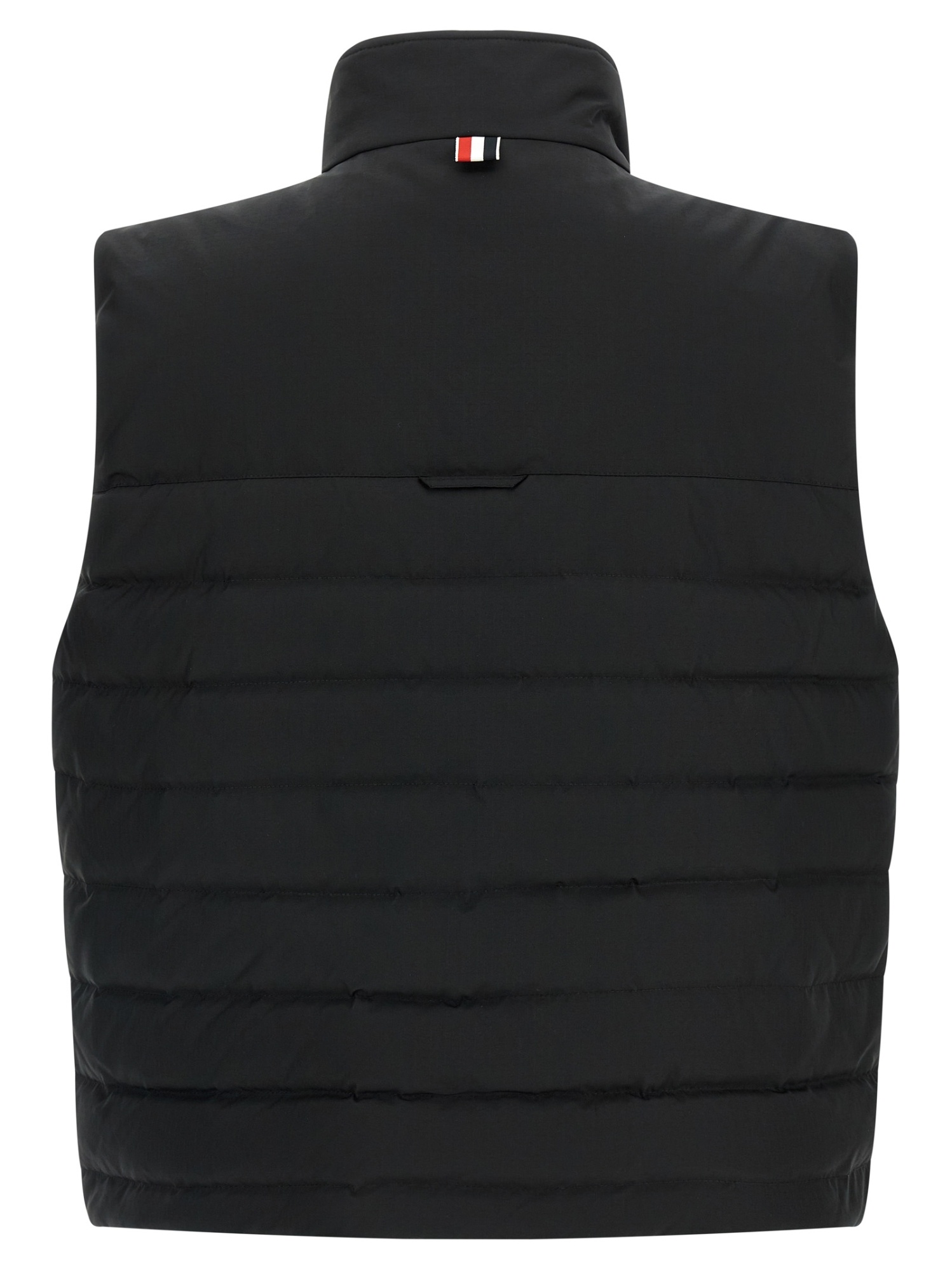 Thom Browne Striped High Neck Padded Sleeveless Vest In Black