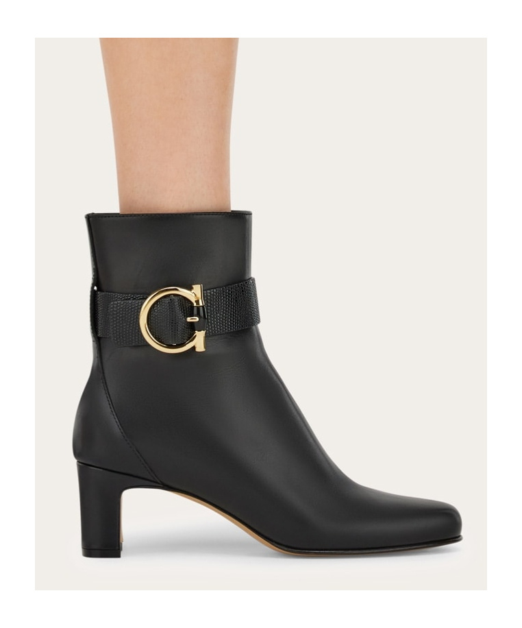 Ferragamo Gancini Ornament Mid Heel Ankle Boot In Black