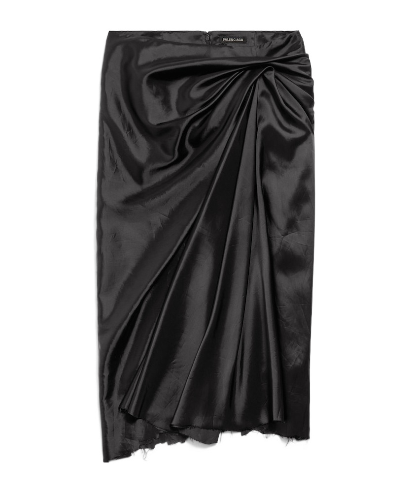 Balenciaga Asymmetric Frayed Gathered Draped Satin Midi Skirt In Black